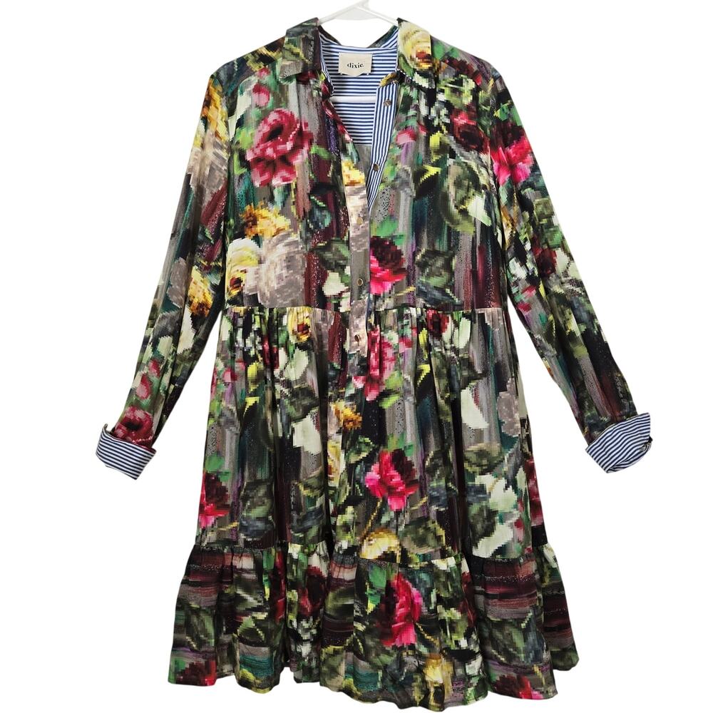 Dixie Italy Floral Mixed Media Midi Dress - M Pinstripe Trim Artsy Lagenlook - Picture 2 of 13